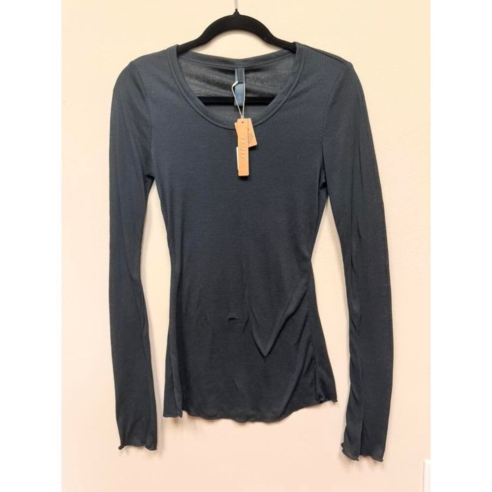 SKIMS SHEER COTTON Long Sleeve Wide Crew - Soot Size M NWT #1581